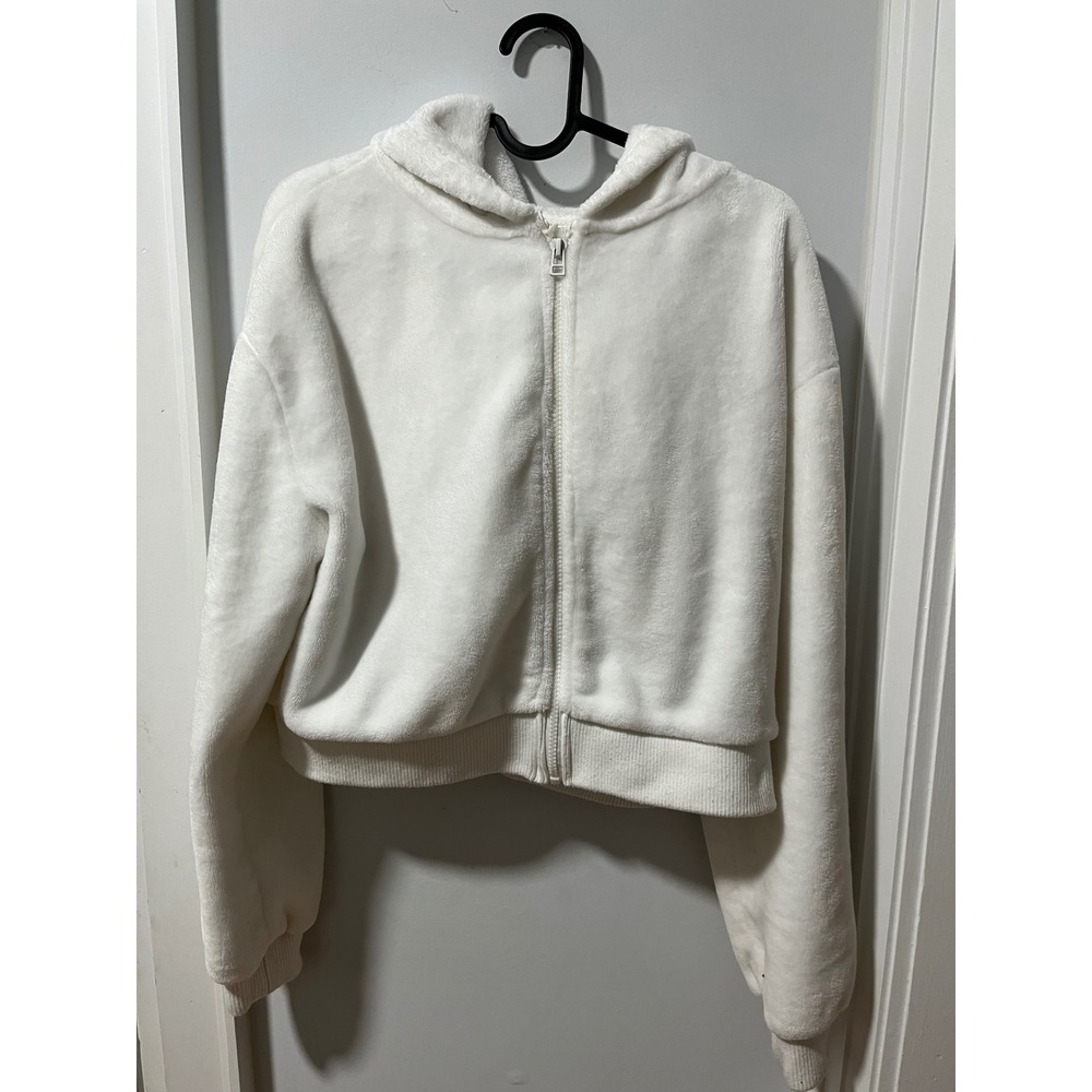 Weekend Edition Womens White Plush Cropped Zip Up Hoodie M 19-3009
